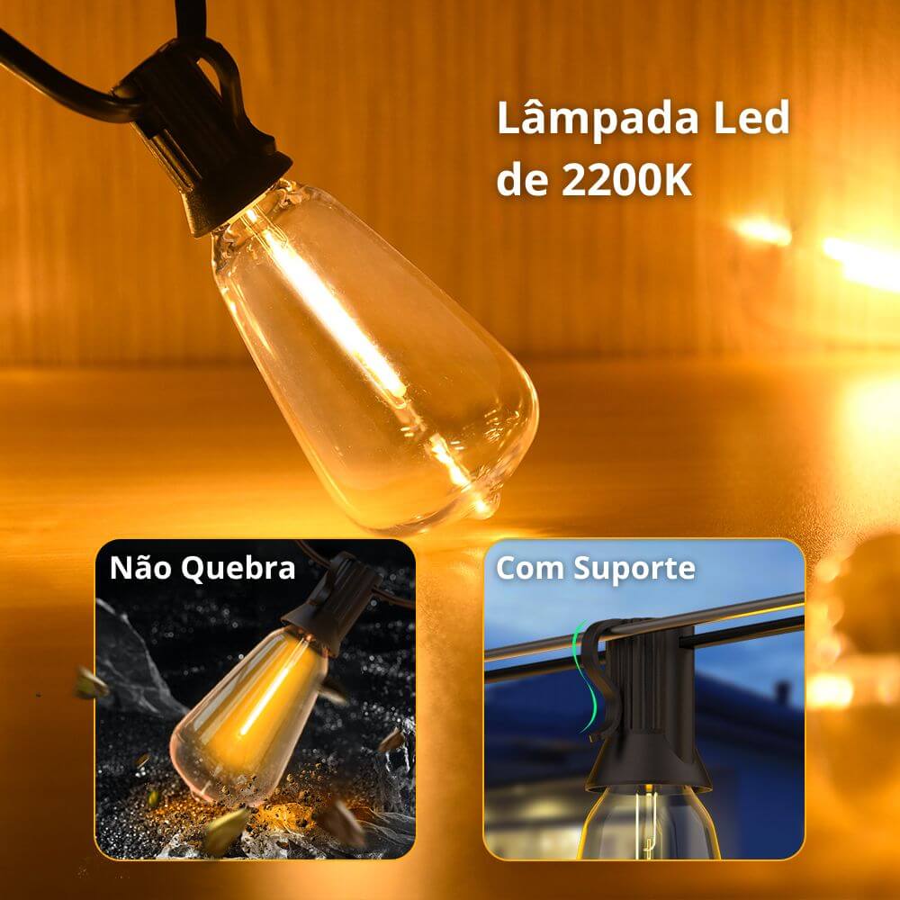 Varal de Luzes com Lâmpadas Bivolt - Ilumine Exteriores